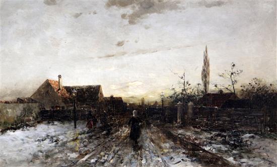 Anton Windmaier (1840-1896) Figures on a street in winter 14 x 23in.